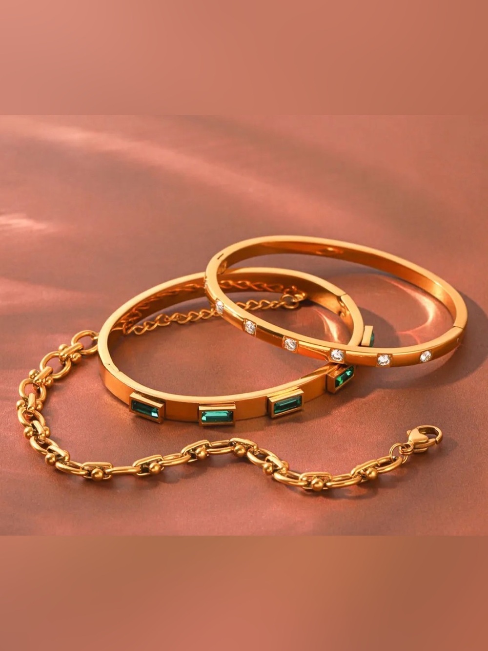 Set Rectangle Ellipse Shape Stainless Steel Waterproof Gold Bangles Set of 3